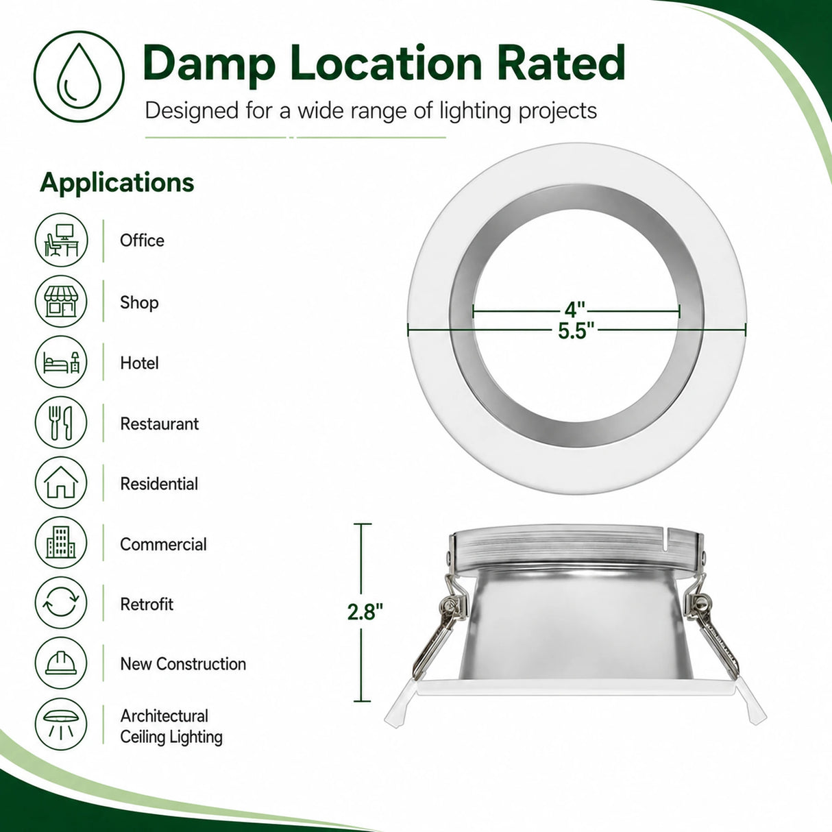 Matte silver 4-inch round LED downlight trim with white ring, shown damp location rated for ceiling lighting