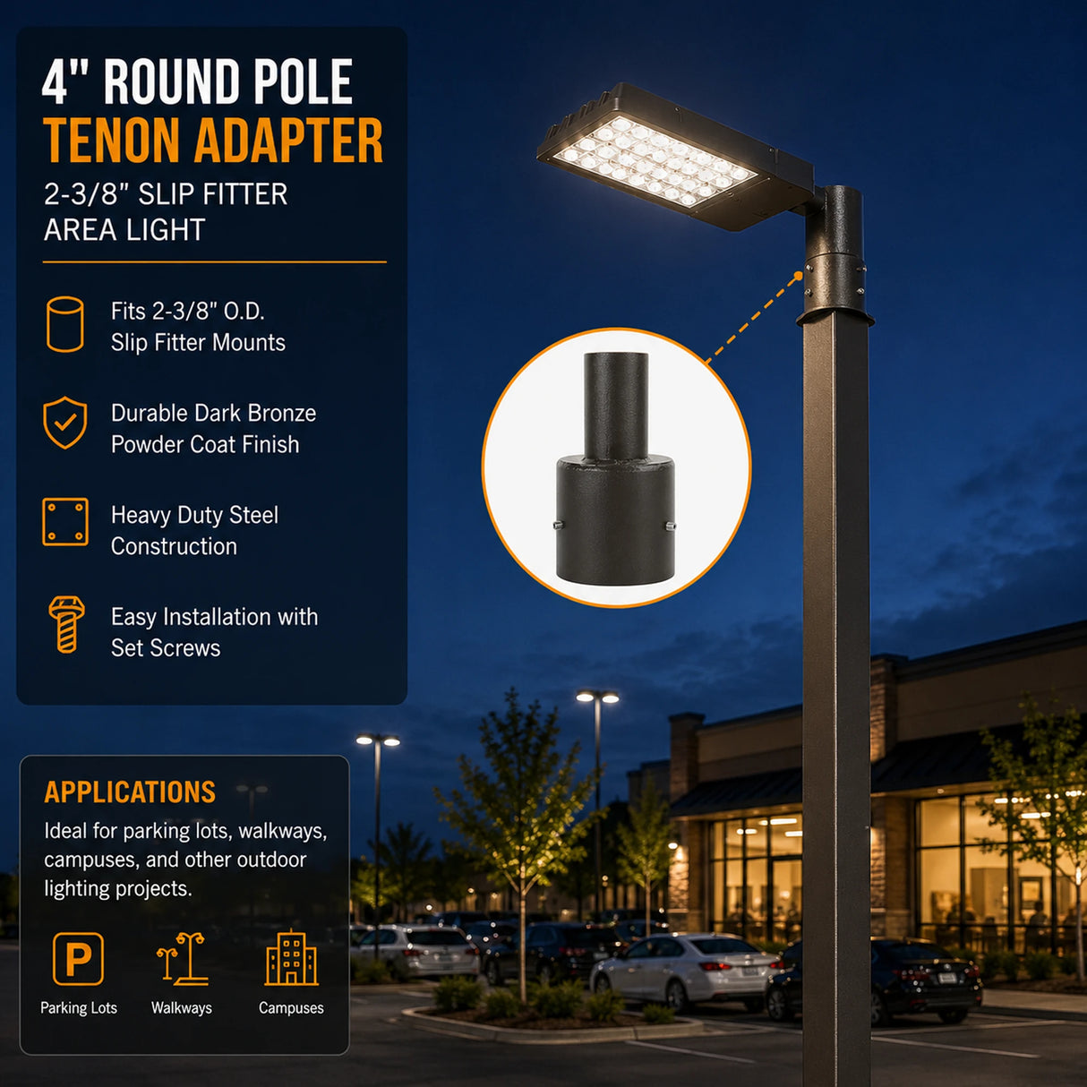 4 inch round pole tenon adapter with 2-3/8 inch slip fitter mount for area lights