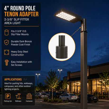 4 inch round pole tenon adapter with 2-3/8 inch slip fitter mount for area lights