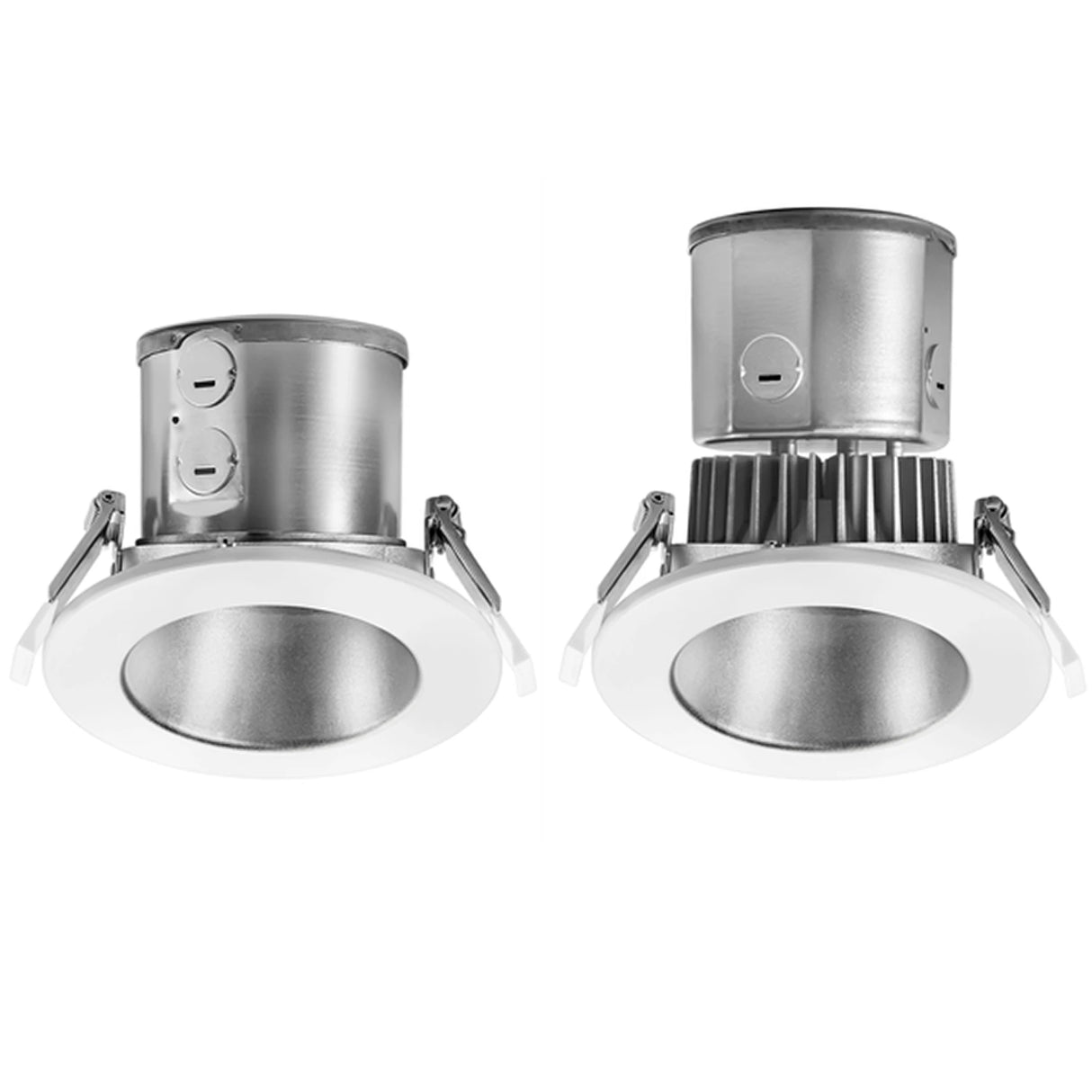 White and silver 4-inch round LED wall wash downlight trim with recessed reflector