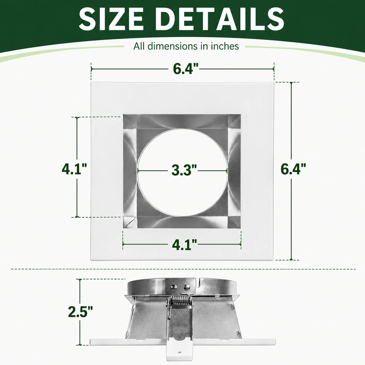 Square LED downlight trim with silver reflector and white trim, showing 6.4 in, 4.1 in, 3.3 in, and 2.5 in dimensions