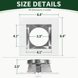 Square LED downlight trim with silver reflector and white trim, showing 6.4 in, 4.1 in, 3.3 in, and 2.5 in dimensions