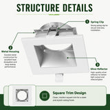 4 inch square LED downlight trim with white frame, silver reflector, and metal spring clip details