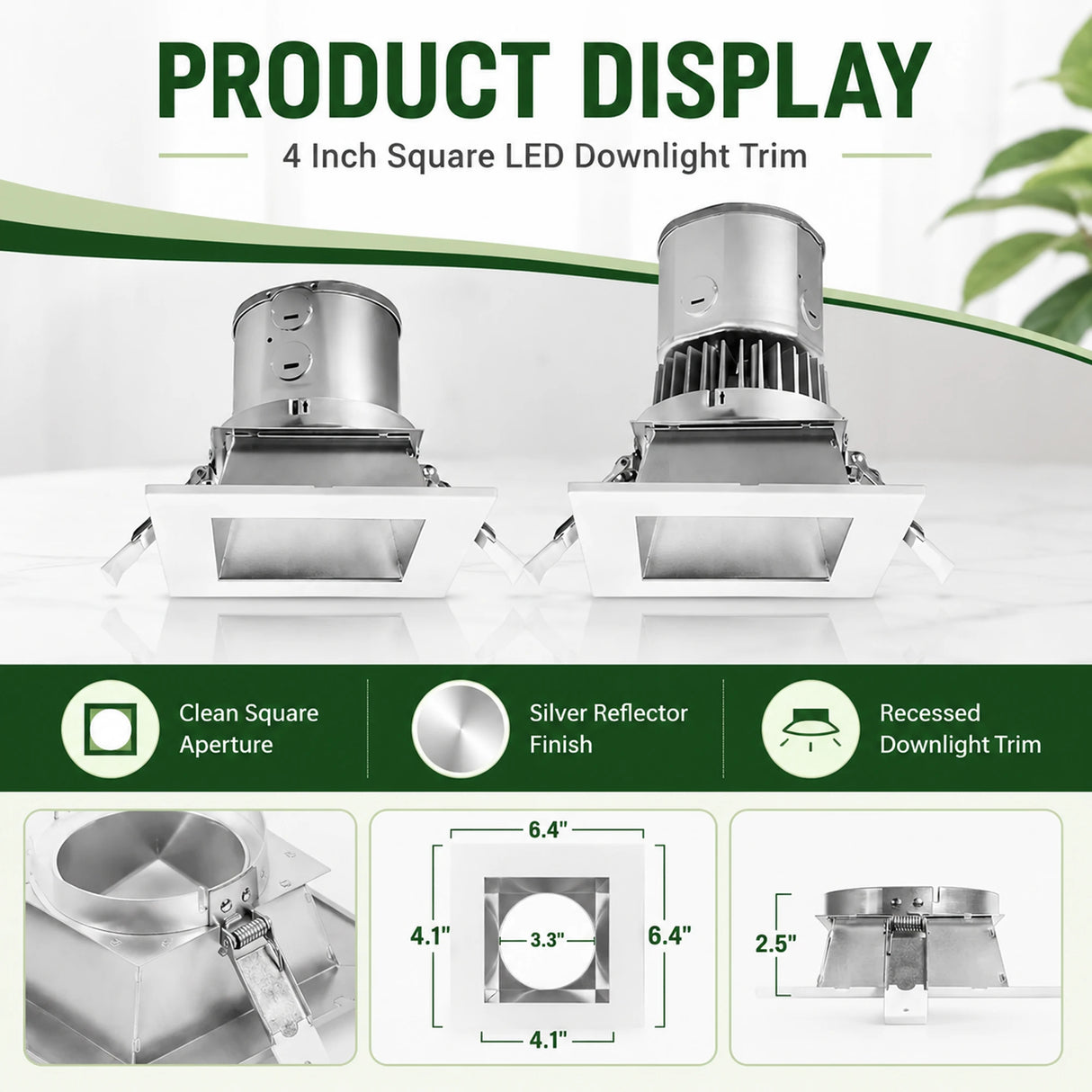 Square 4 inch LED downlight trim with silver reflector and white trim, shown in front and side views