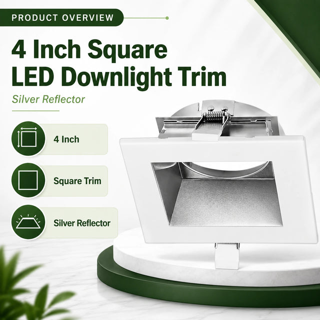 4 inch square LED downlight trim with silver reflector and white trim shown on a display stand
