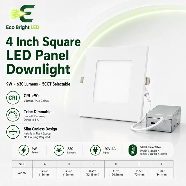 4 Inch Square LED Panel Downlight 9W for product overview with key specifications for commercial lighting applications.