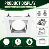 White 4 inch square LED wall wash downlight trim with silver reflector and damp location design