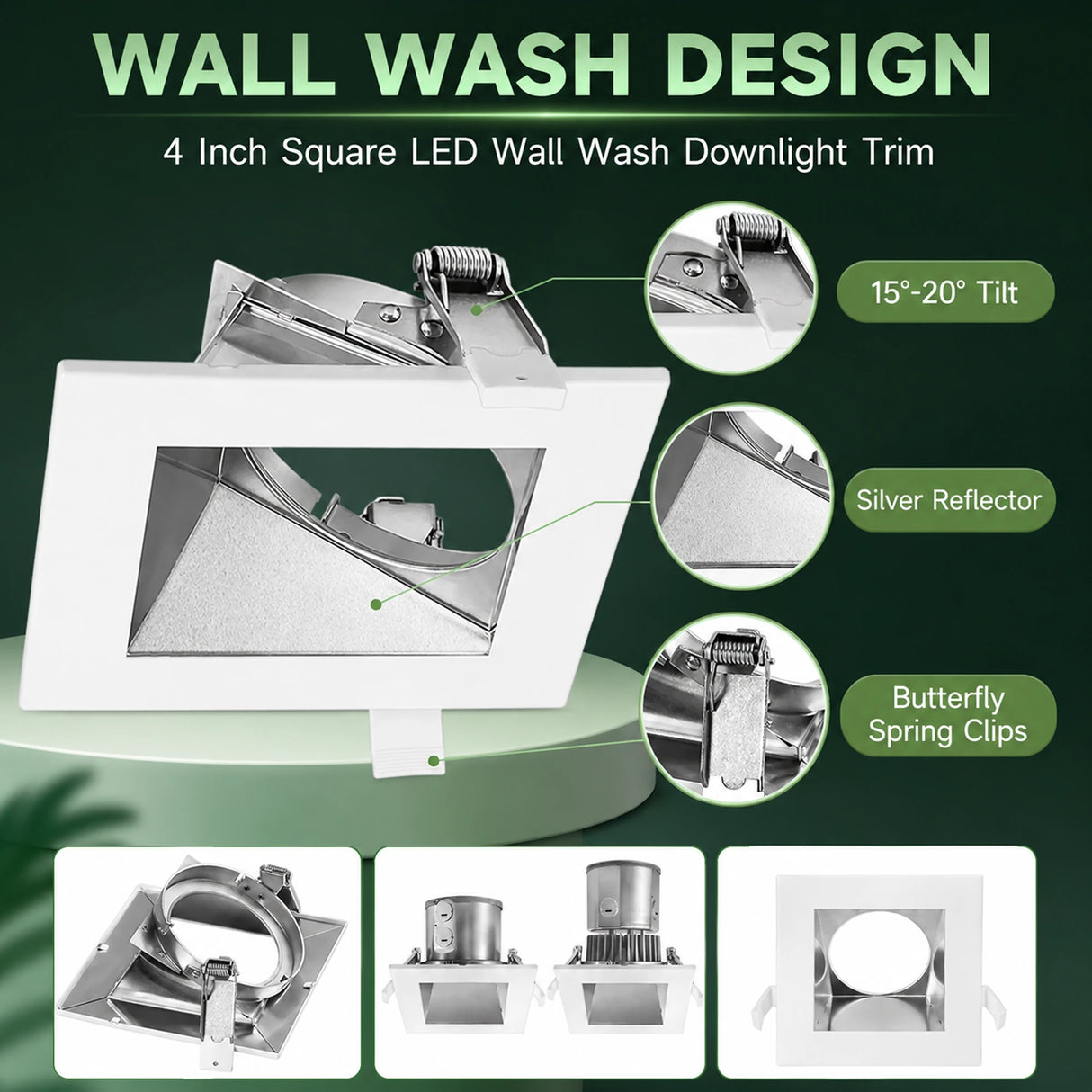 White 4-inch square LED wall wash downlight trim with silver reflector, adjustable tilt, and spring clips