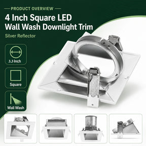 White 4 inch square LED wall wash downlight trim with silver reflector and spring clips