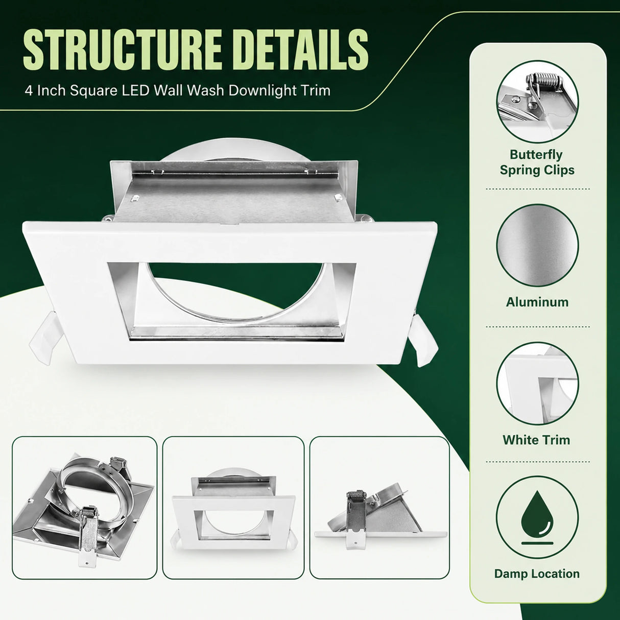 White 4 inch square LED wall wash downlight trim with aluminum body and butterfly spring clips