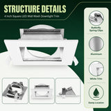 White 4 inch square LED wall wash downlight trim with aluminum body and butterfly spring clips