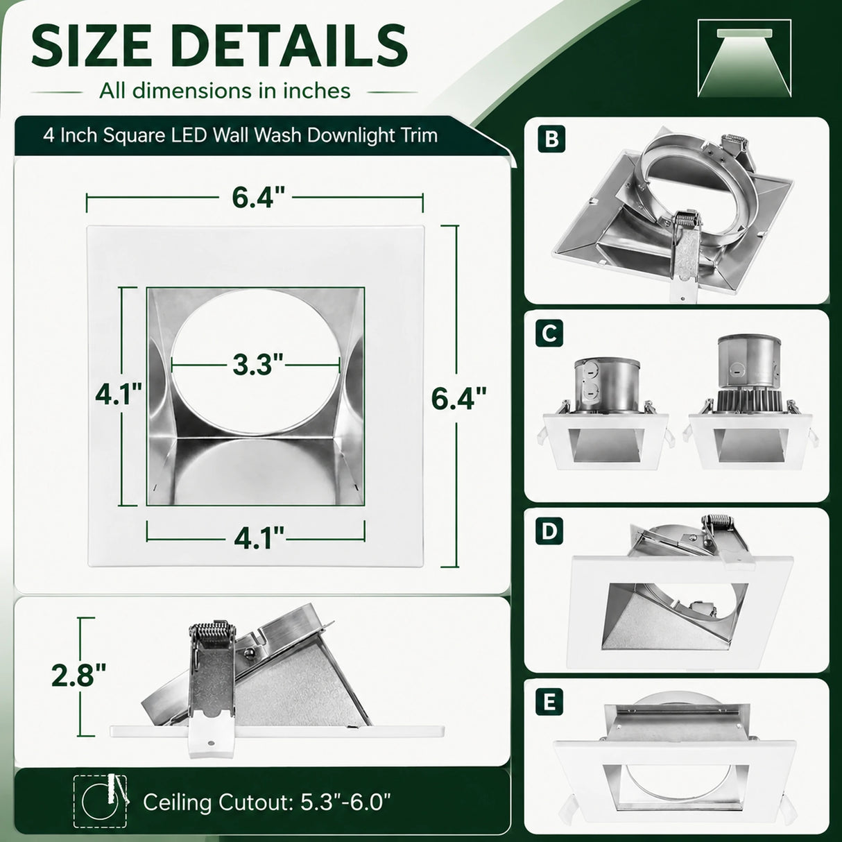 Size details infographic for a 4 inch square white LED wall wash downlight trim with dimension markings