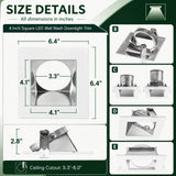Size details infographic for a 4 inch square white LED wall wash downlight trim with dimension markings