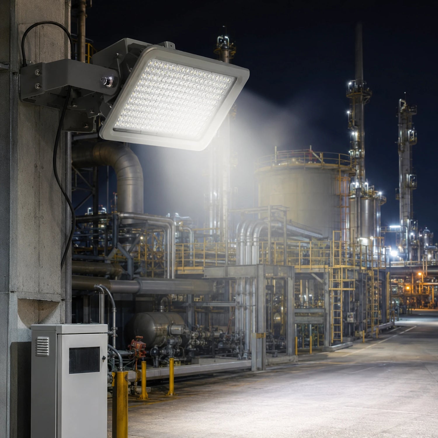 400W explosion proof LED flood light delivering 56,000 lumens of 5000K daylight illumination in a refinery.