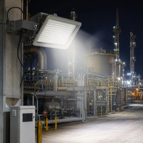 400W explosion proof LED flood light delivering 56,000 lumens of 5000K daylight illumination in a refinery.