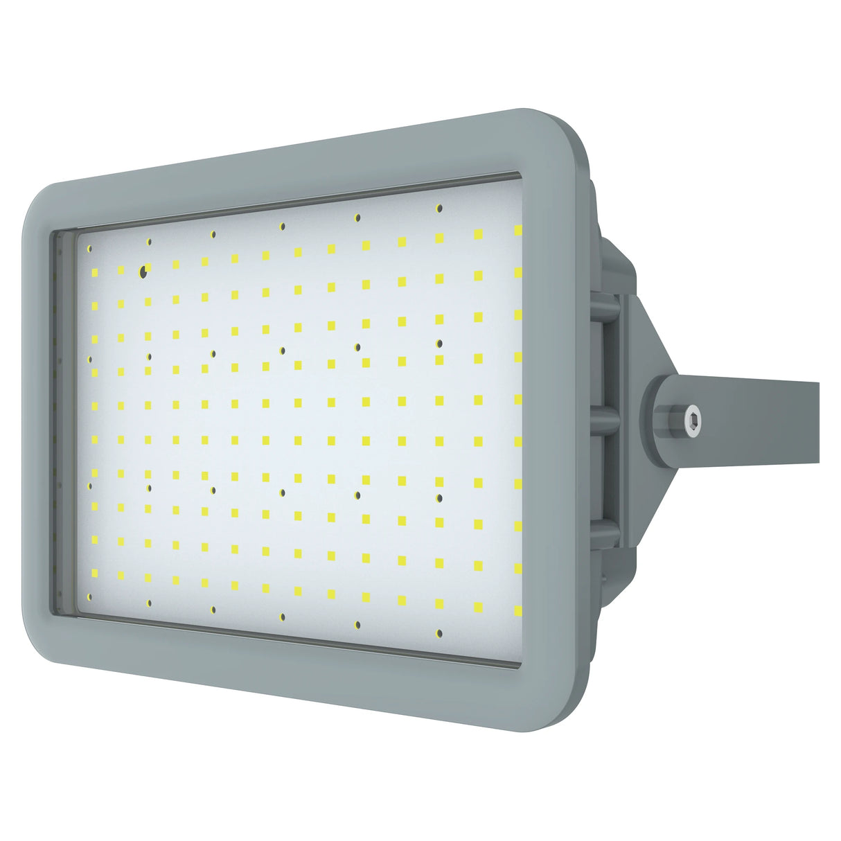 Top-down perspective of 400W C1D2 explosion proof square LED flood light, 56,000lm for oil refinery and port safety.