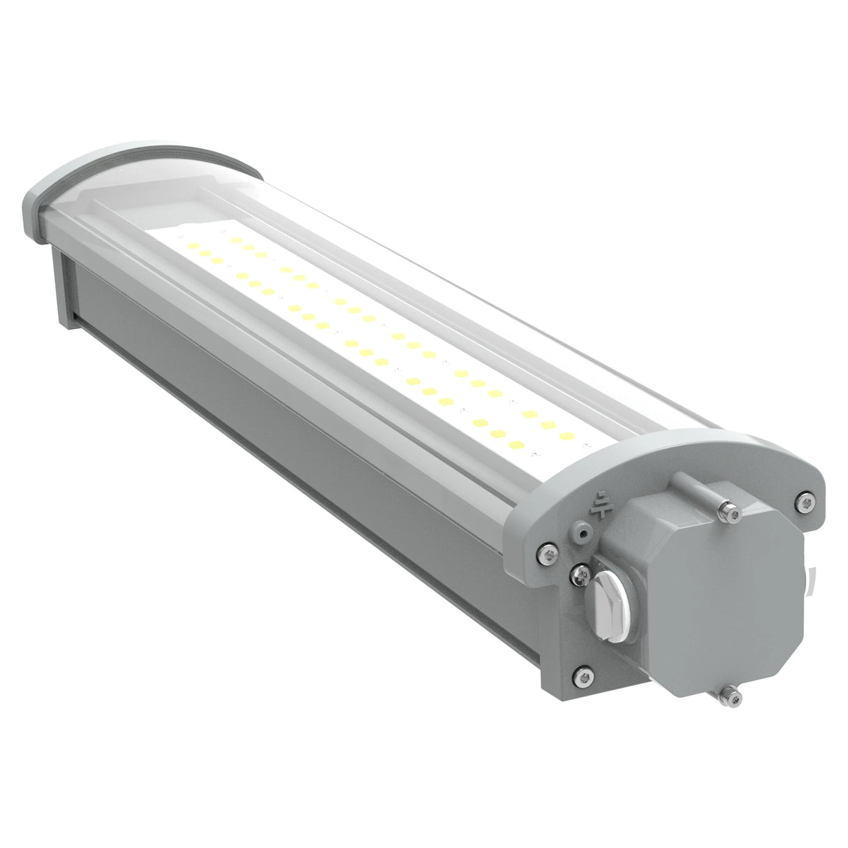Side profile of 40W C1D2 linear explosion proof LED light showcasing the secure mounting bracket for industrial ceilings.