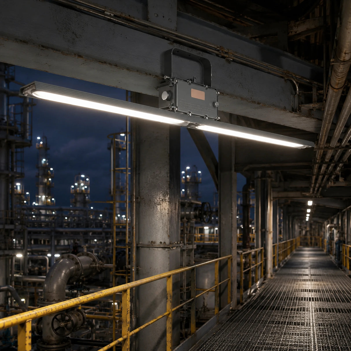 40W C1D2 LED explosion proof linear light illuminating a refinery catwalk at night
