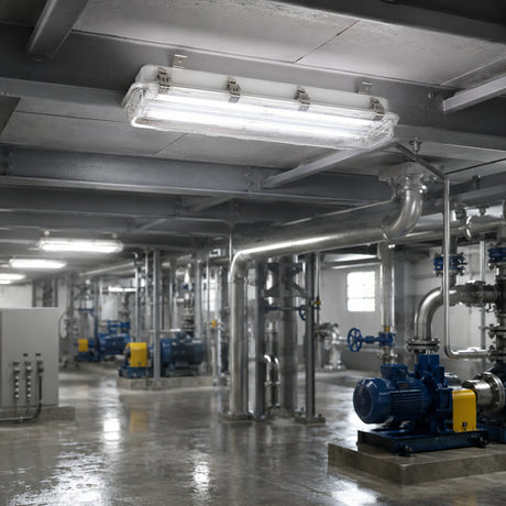 40W 5067lm 5000K C1D2 vapor-proof LED light ceiling mounted in a pump room with pipes and industrial equipment.