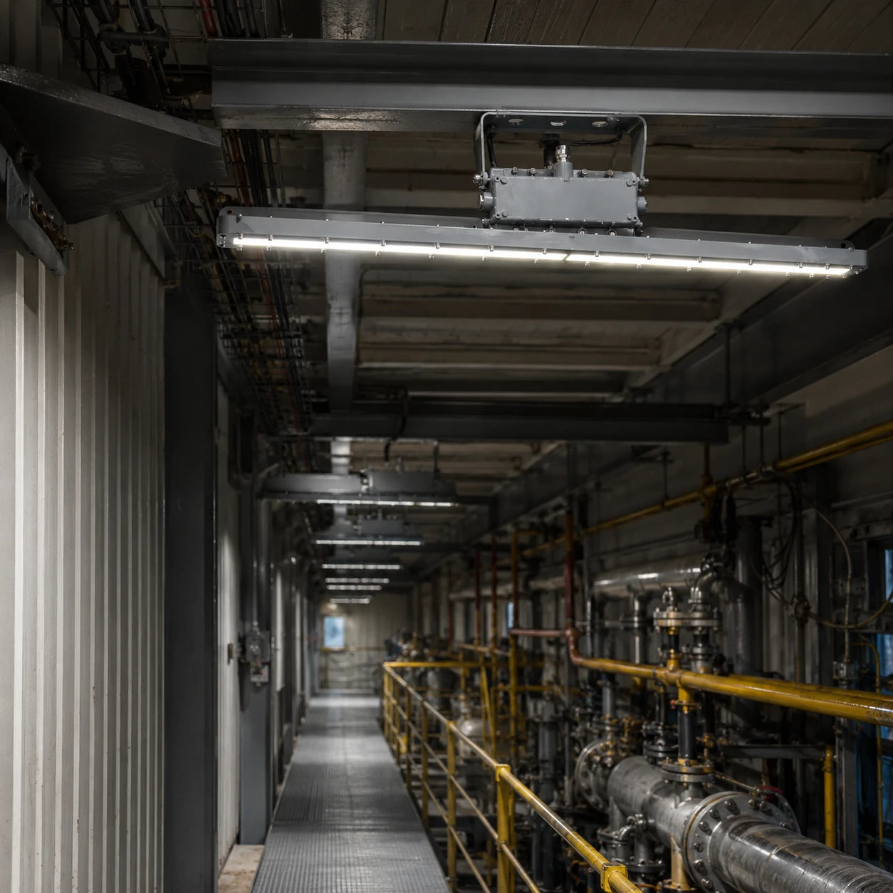 40W explosion proof linear light illuminating an industrial utility corridor with 4000K neutral white light.