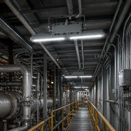 40W 5,600lm explosion proof linear light illuminating a refinery catwalk with 5000K daylight.
