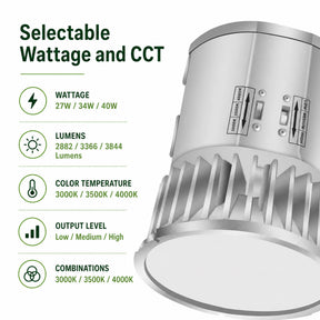 Selectable wattage LED recessed downlight with 3000k, 3500k, and 4000k settings
