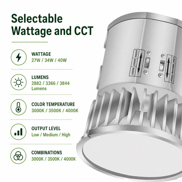 Selectable wattage LED recessed downlight with 3000k, 3500k, and 4000k settings