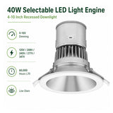 Selectable 40W LED light engine recessed downlight with 0-10V dimming, low glare, and silver housing