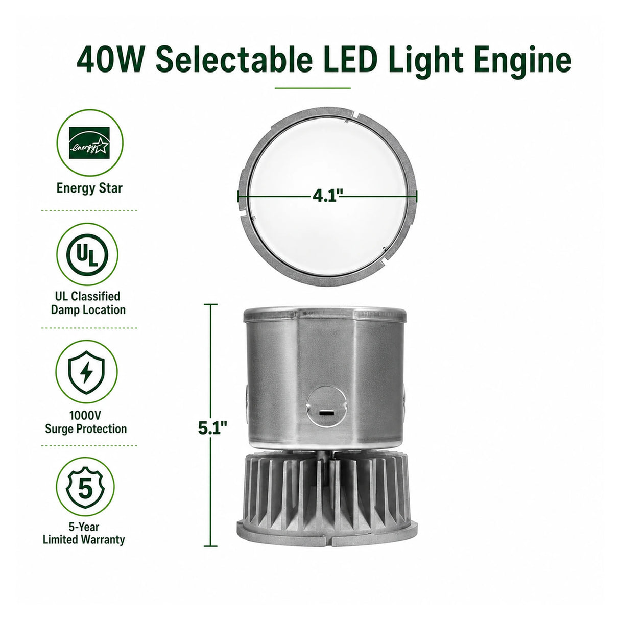 Selectable 40W LED light engine for recessed downlights, shown with 4.1-inch trim and 5.1-inch height