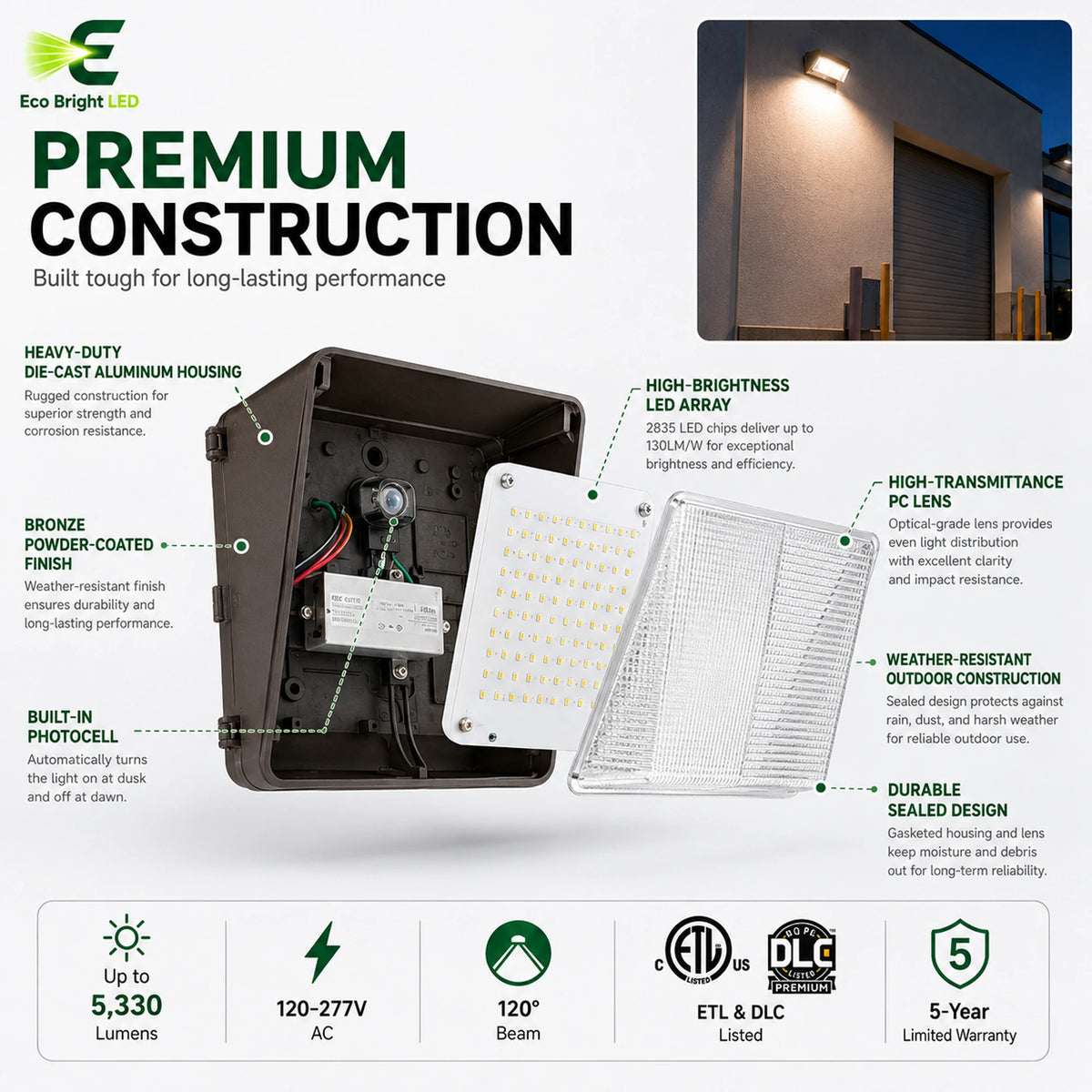 Dimensions and specifications for 41W LED Semi-Cutoff Wall Pack 5000K for, including measurements and performance data.