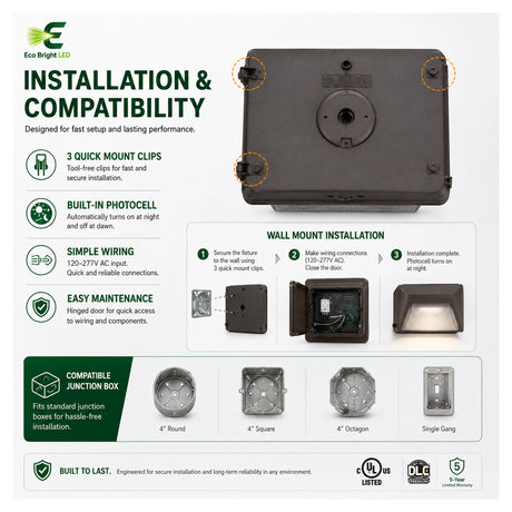 Installation and mounting details for 41W LED Semi-Cutoff Wall Pack 5000K, including compatibility and wiring guidance.