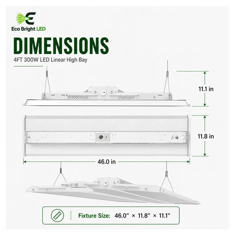 Dimensions and specifications for 4FT 300W LED Linear High Bay 42,000LM, including measurements and performance data.