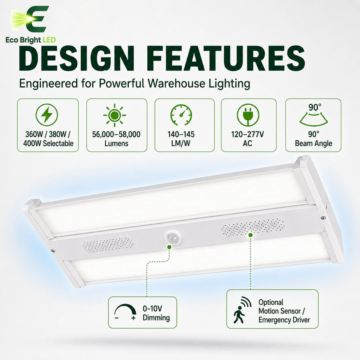 Housing, lens and construction details of 4FT 360W-400W Selectable LED Linear High Bay for for durable commercial use.