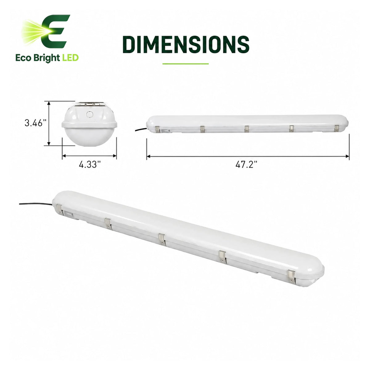 Dimensions and specifications for 4FT LED Vapor Tight Light 40W-60W for, including measurements and performance data.