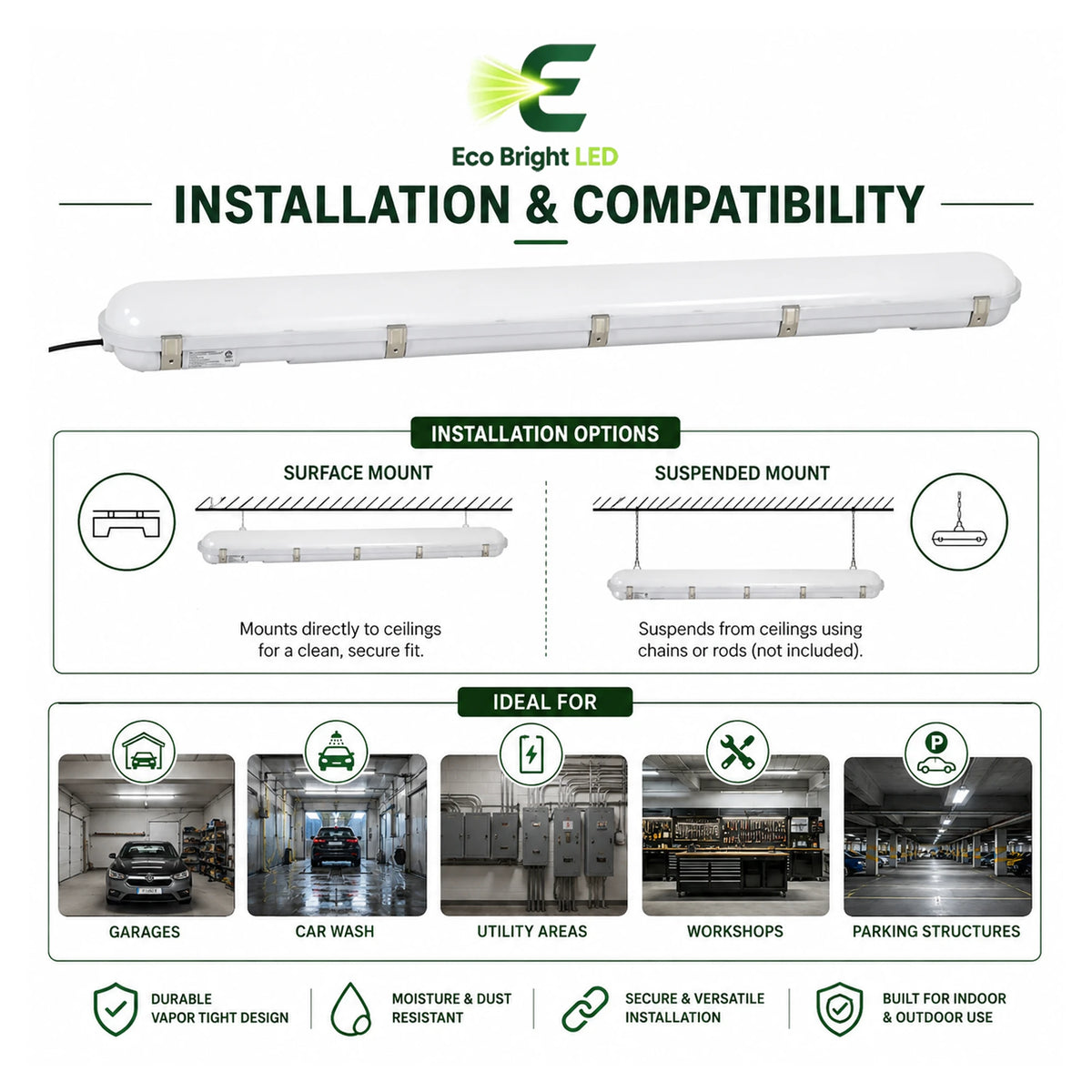 Installation and mounting details for 4FT LED Vapor Tight Light 40W-60W, including compatibility and wiring guidance.