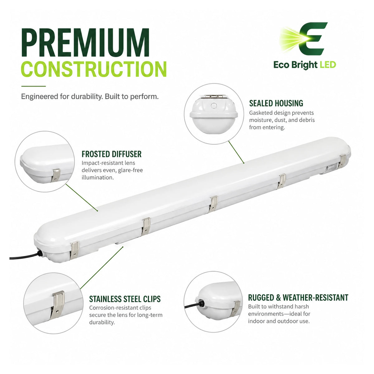 Housing, lens and construction details of 4FT LED Vapor Tight Light 40W-60W for Car Wash for durable commercial use.