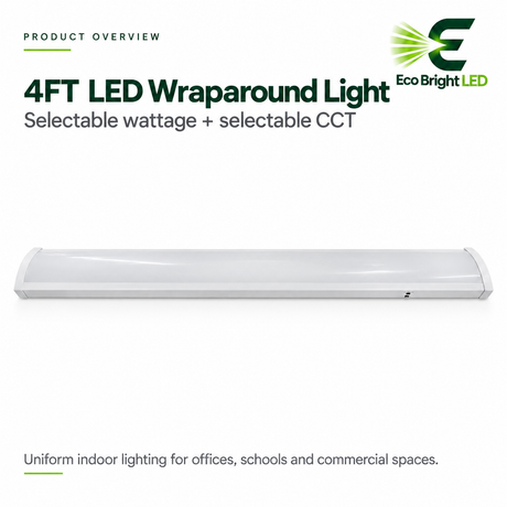 4-ft LED wraparound ceiling light with selectable 30W-50W output and CCT for office or classroom spaces