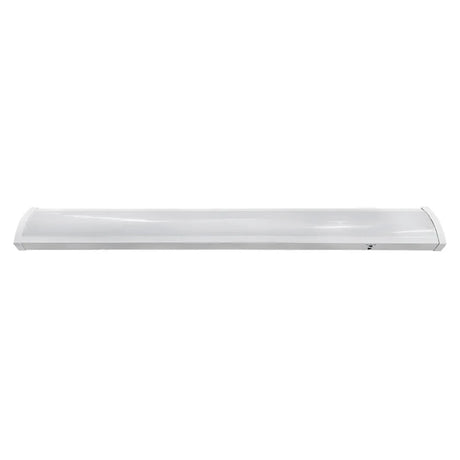 White 4-foot LED wraparound ceiling fixture with a smooth diffuser and rounded ends for office lighting