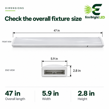 4-ft LED wraparound ceiling light with a 47-inch length, 5.9-inch width, and 2.8-inch height