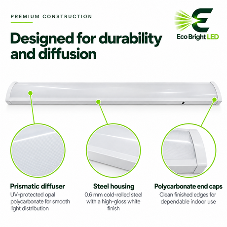 4-foot LED wraparound light with white steel housing, opal polycarbonate diffuser, and clean finished end caps