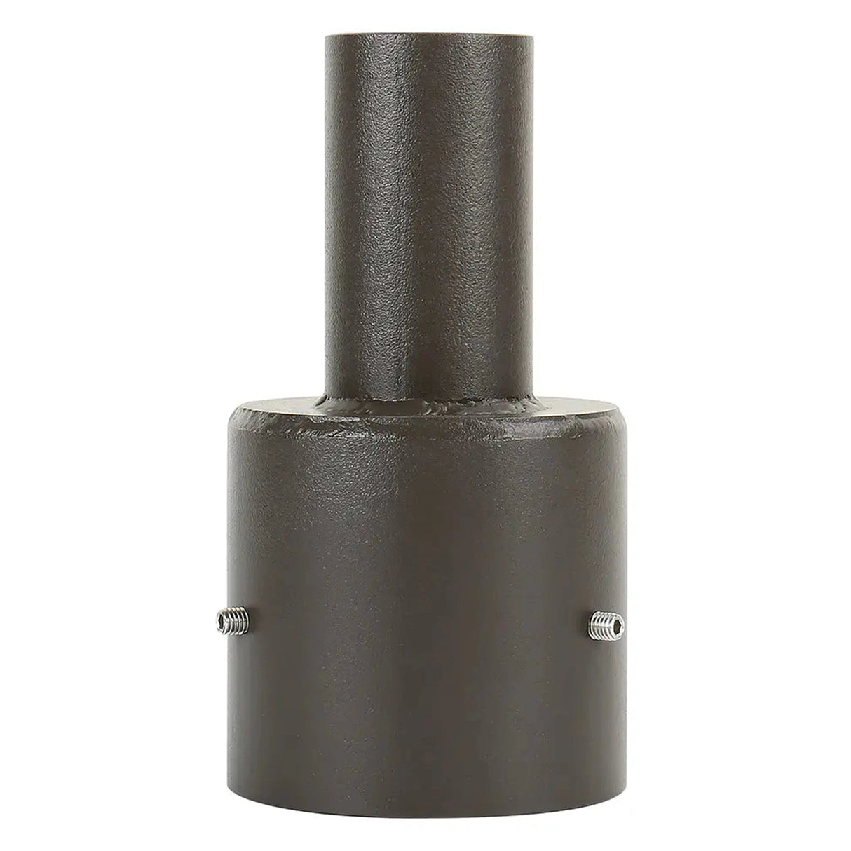 Dark bronze 4 inch round pole tenon adapter with 2-3/8 in OD tenon for area lights and parking lot lights