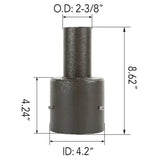 4 inch round pole tenon adapter dimensions: 4.2 in ID base, 8.62 in height, 2-3/8 in OD tenon, 4.24 in body