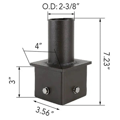 4 inch square pole tenon adapter dimensions: 3.56 in base, 7.23 in height, 2-3/8 in OD tenon, 3 in body, 4 in pole