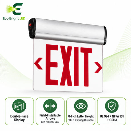 Aluminum edge-lit red LED exit sign with acrylic panel, double-face display, and directional arrows