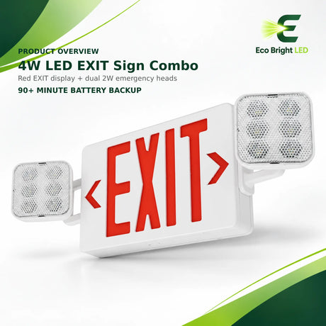 4W red LED exit sign combo with dual adjustable emergency light heads and 90-minute battery backup