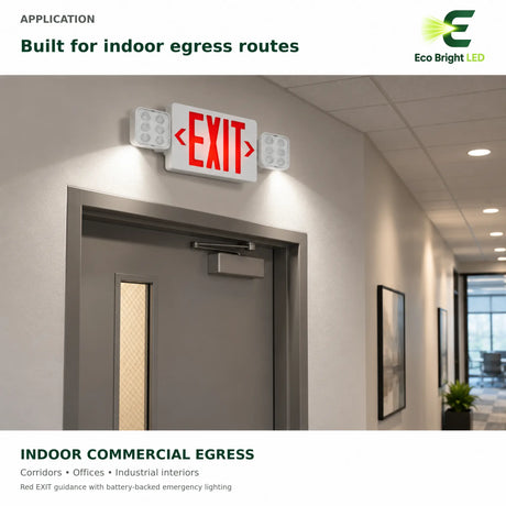Red LED exit sign combo with dual emergency lights above an indoor commercial hallway door