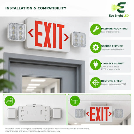 Red LED exit sign combo with dual emergency lights shown in a commercial installation and wiring guide