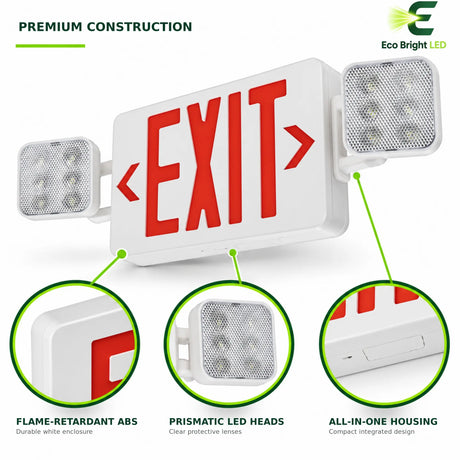 4W red LED exit sign combo with dual prismatic emergency light heads, white ABS housing, and integrated design