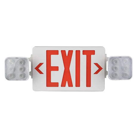 Red LED exit sign combo with dual adjustable emergency light heads for commercial lighting