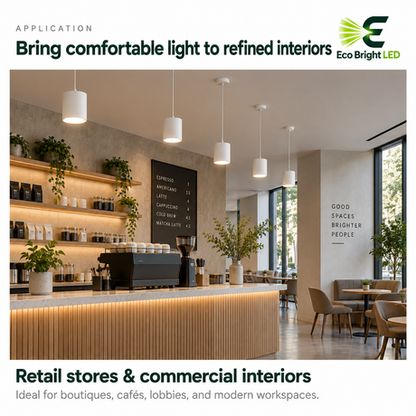 White LED cylinder downlights illuminate a modern cafe and retail interior with warm, comfortable light for commercia...
